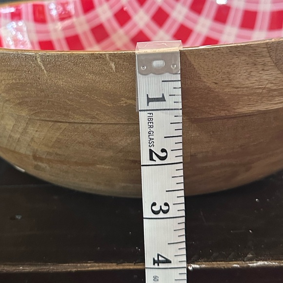 Large Wooden Serving Bowl- 12” diameter height 4 “ Red and White Gingham - Picture 4 of 6